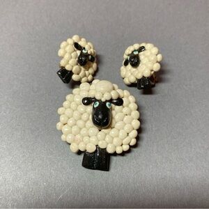 Vintage sheep novelty cute earrings and pin set